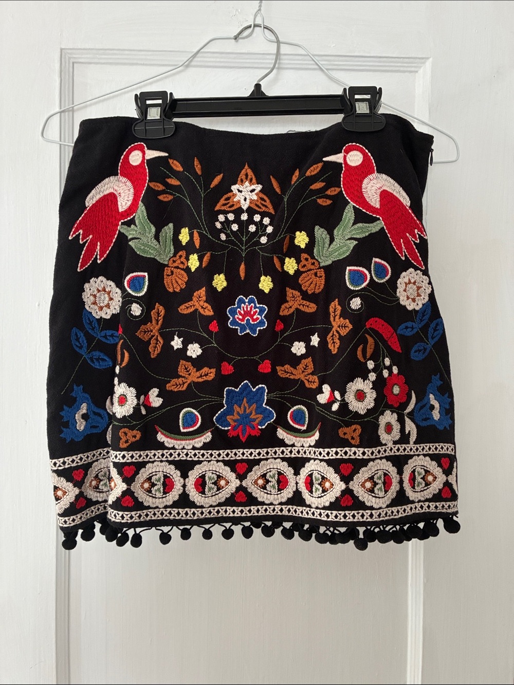 The Impeccable Pig Black Mini Skirt with Multicolor Embroidered Birds & Florals
